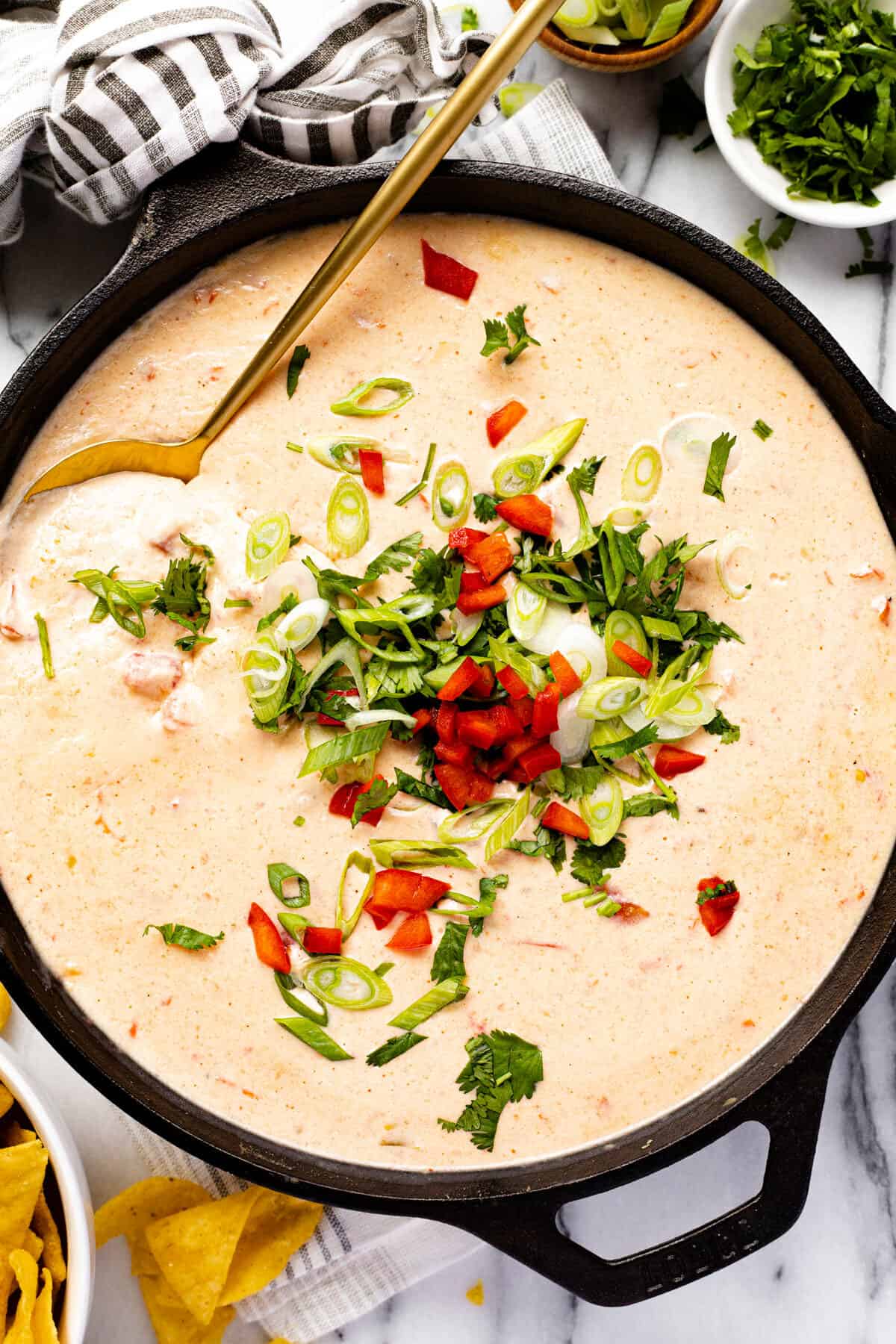 Large cast iron pan filled with homemade smoked queso dip garnished with green onion