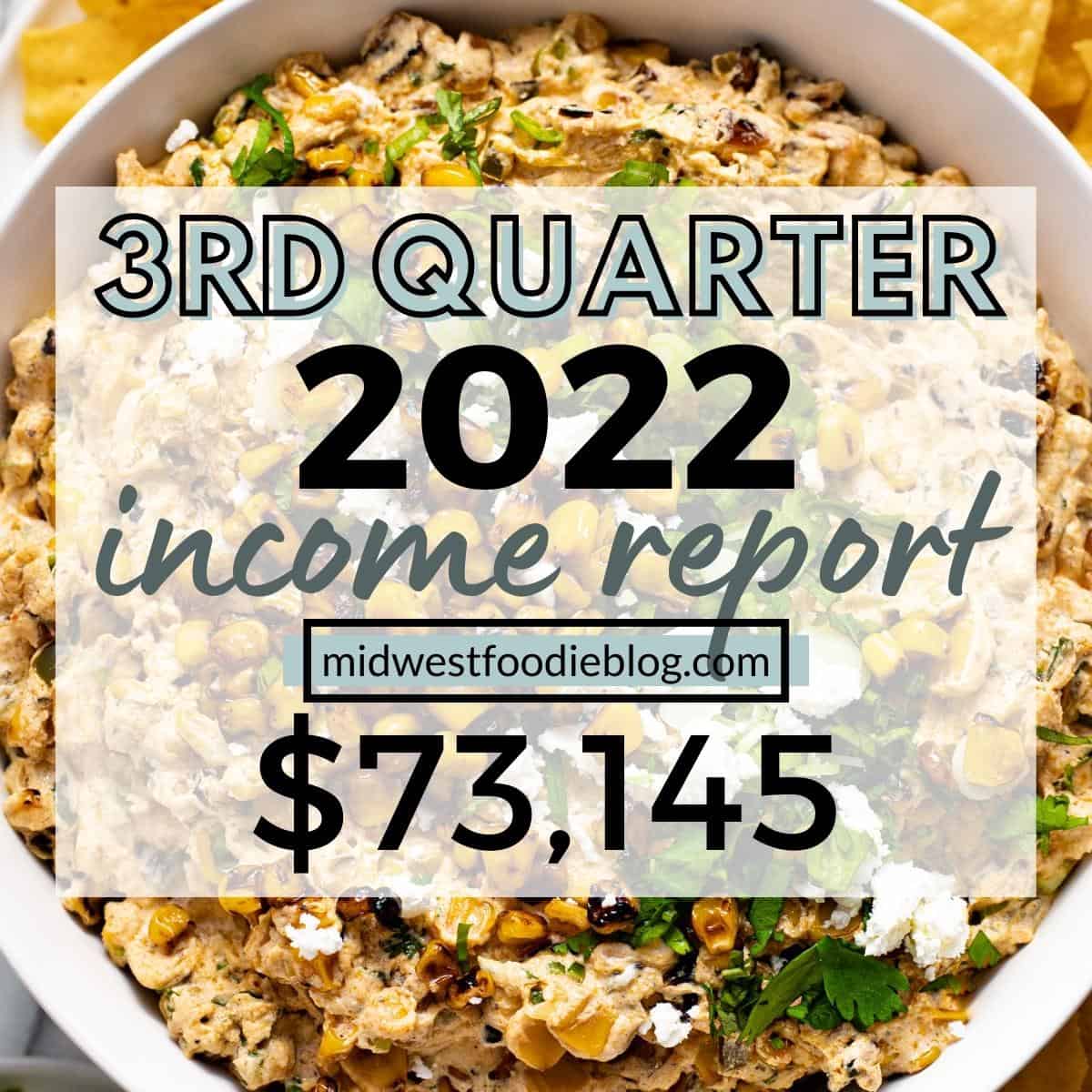 Info graphic that reads "3rd quarter 2022 income report midwestfoodieblog.com $73,145"