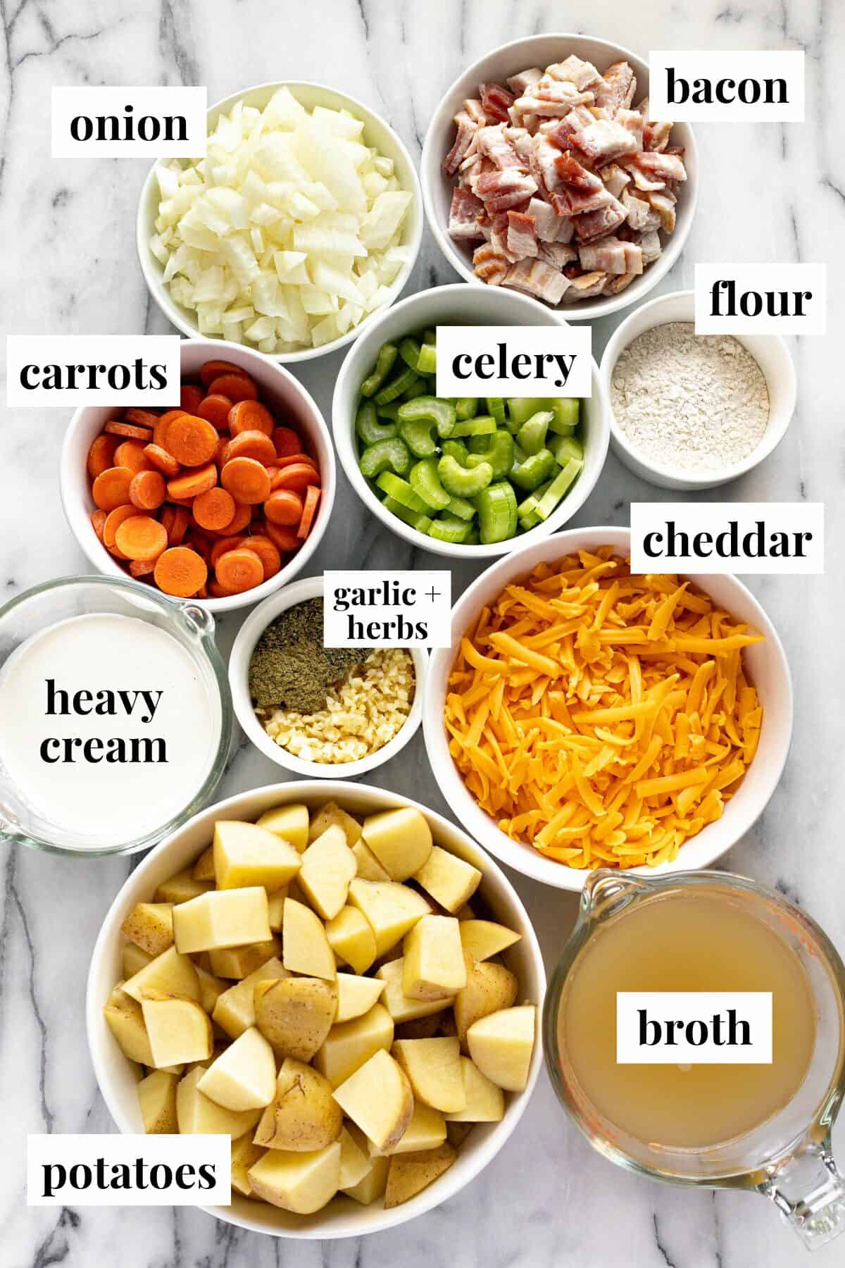 Bowls of ingredients to make instant pot potato soup.