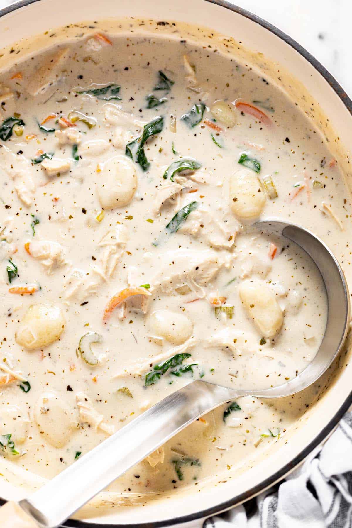 Close up of a large pot of Olive Garden chicken gnocchi soup. 