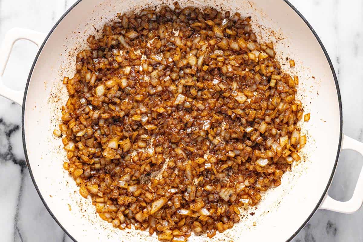 Diced onions sauteed beef patty drippings along with garlic, herbs, and spices. 
