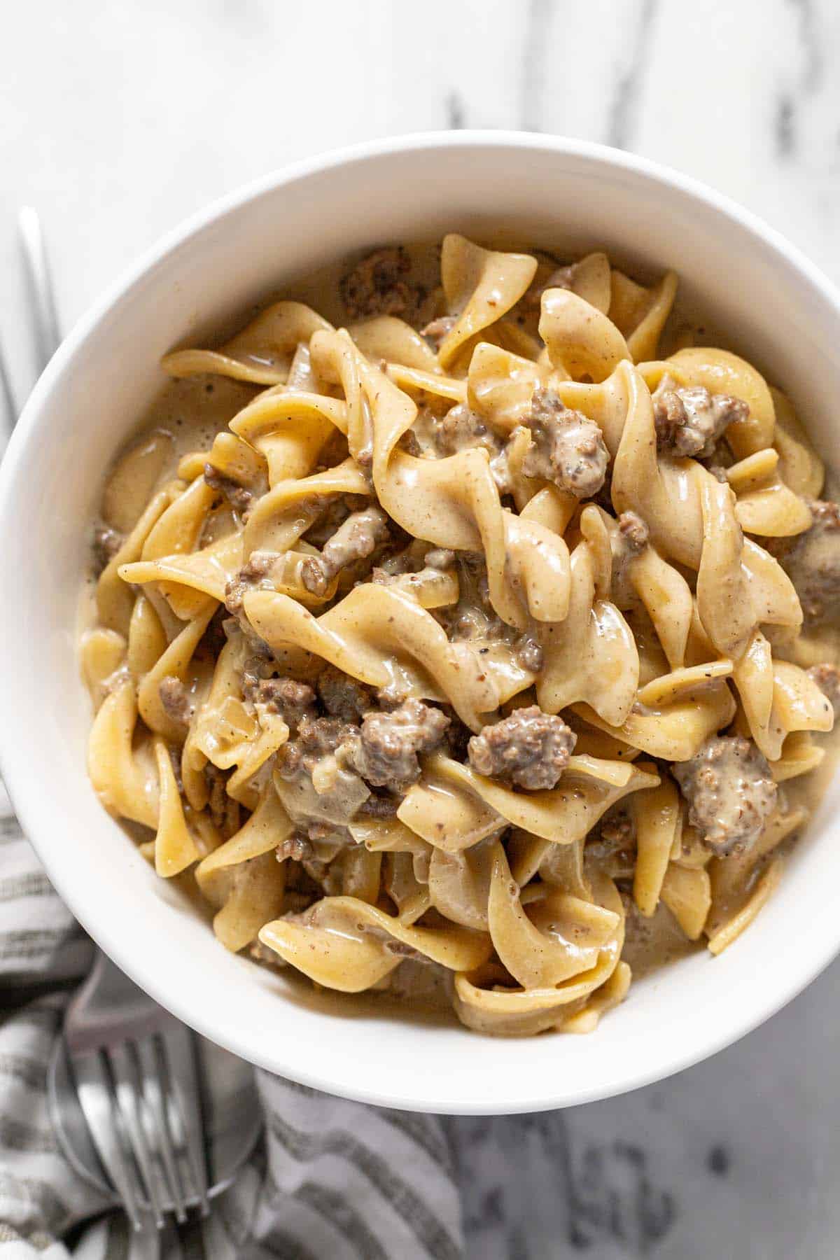 Small bowl filled with creamy beef and egg noodles. 