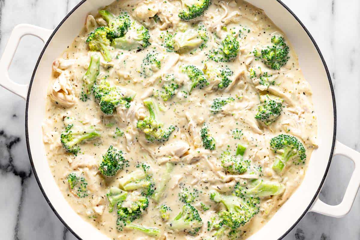 Creamy chicken divan in a large pan. 
