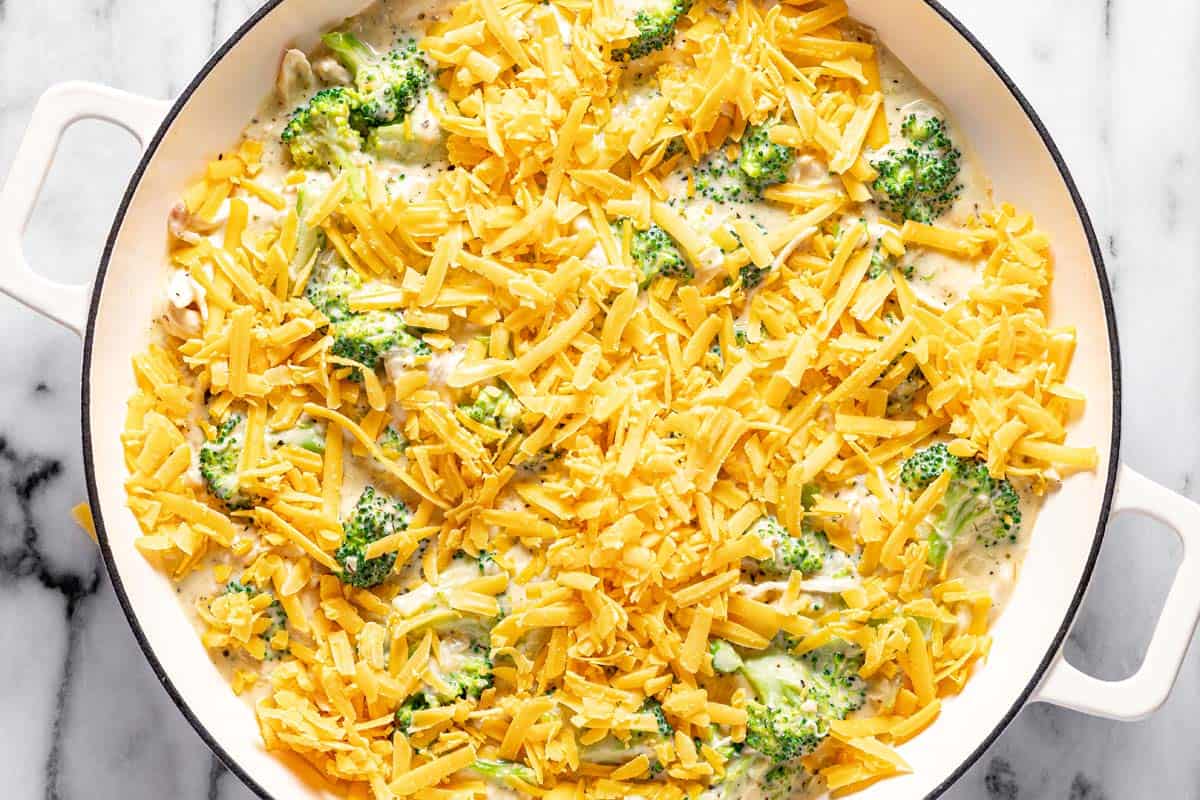 Large pan of chicken divan topped with shredded sharp cheddar cheese. 