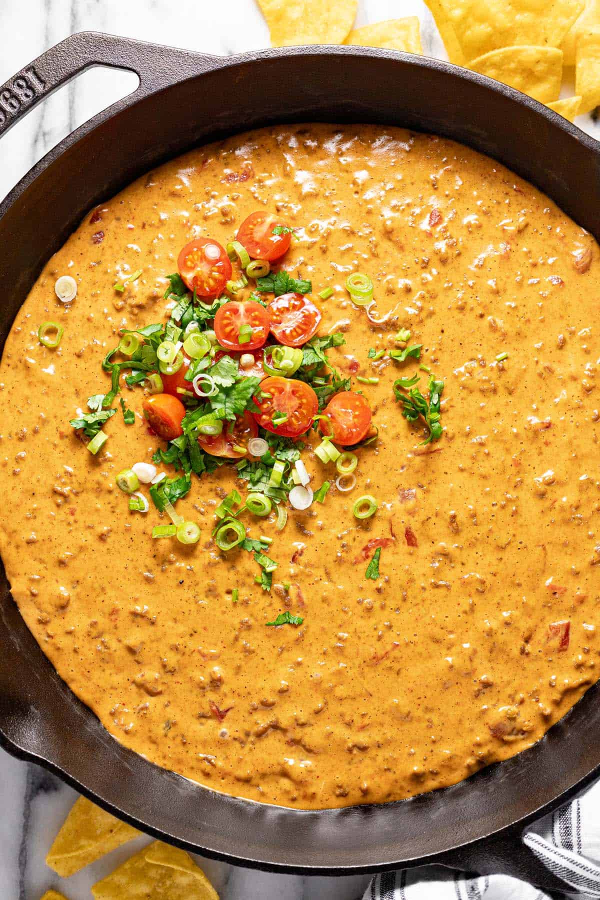 Cast iron skillet filled with Velveeta dip garnished with tomatoes, cilantro, and sliced green onion. 