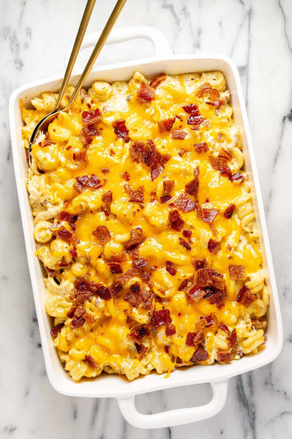 Large baking dish filled with homemade chicken bacon ranch casserole.