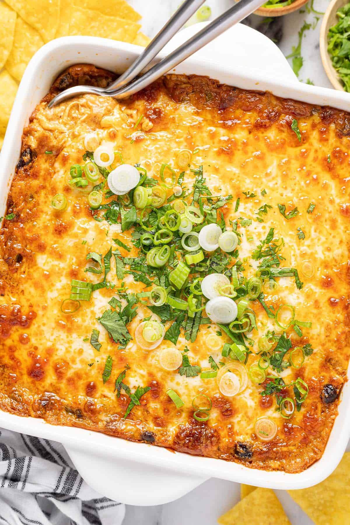 Square baking dish filled with homemade cheesy chicken enchilada dip garnished with cilantro and green onion. 