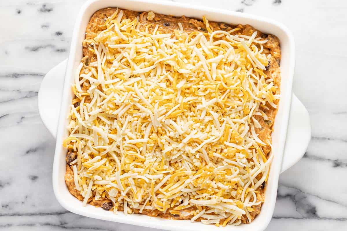 Chicken enchilada dip topped with shredded cheese. 