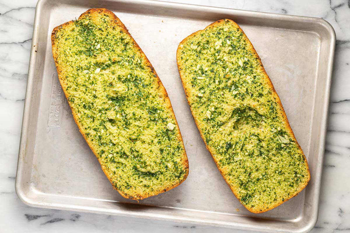 Toasted Italian bread spread with garlic butter. 