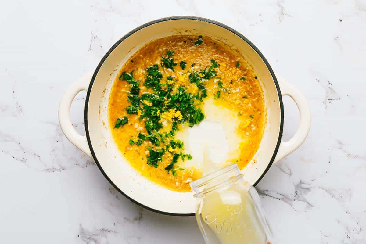 Butter, garlic, lemon zest, lemon juice, and parsley in a large pot. 