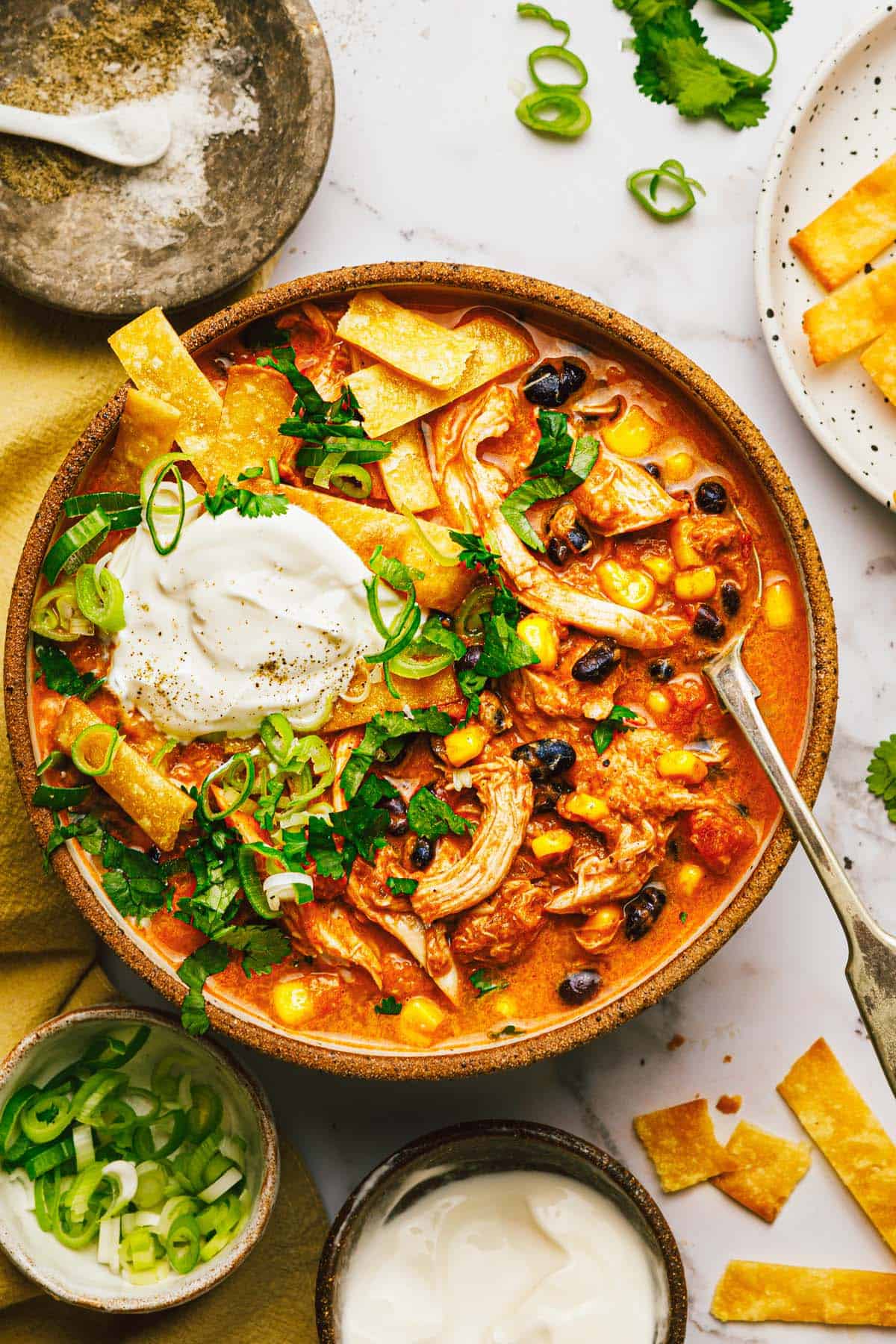 Bowl of chicken taco soup garnished with tortilla strips, sour cream, and green onion. 