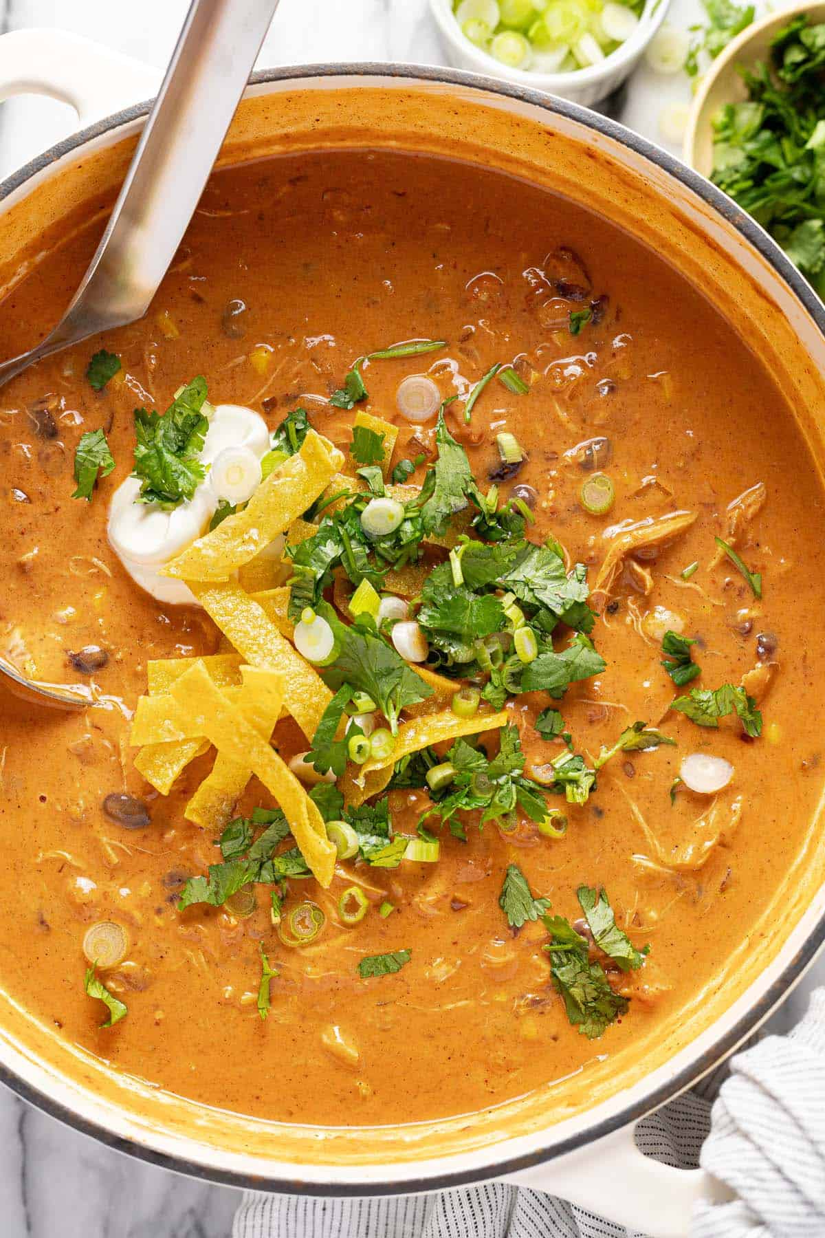 Large pot of creamy chicken tortilla soup topped with tortlla strips, sour cream, cilantro, and green onion. 