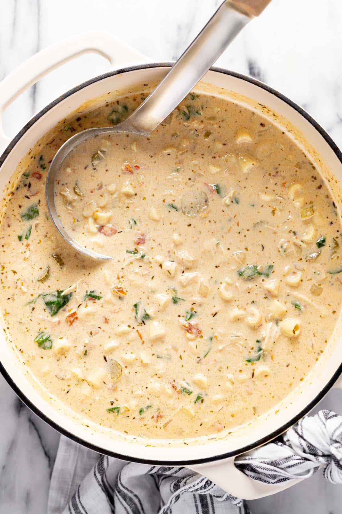 Large pot of homemade Tuscan chicken soup. 