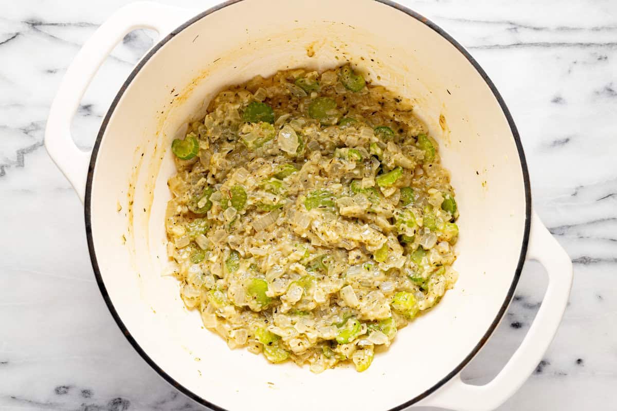 Large pot of sauteed veggies in a roux of butter and flour. 