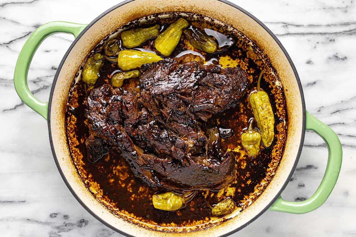 Pan filled with Mississippi pot roast. 