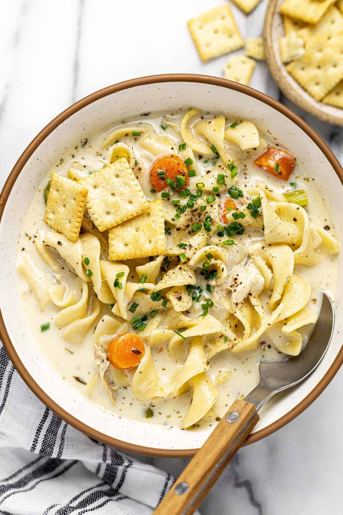 Bowl of rotisserie chicken noodle soup topped with chives and mini saltines. 