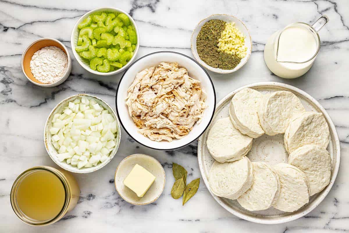 Bowls of ingredients to make slow cooker chicken and dumplings. 