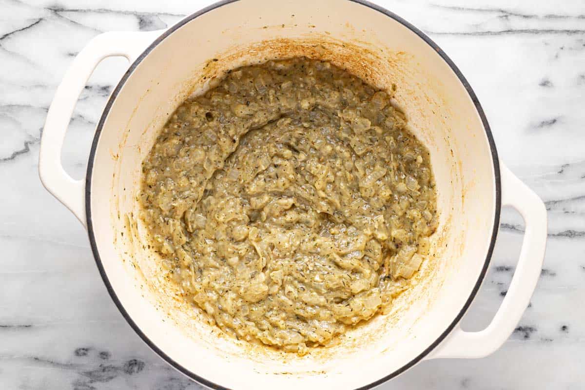 Large pot with sauteed veggies in a roux. 