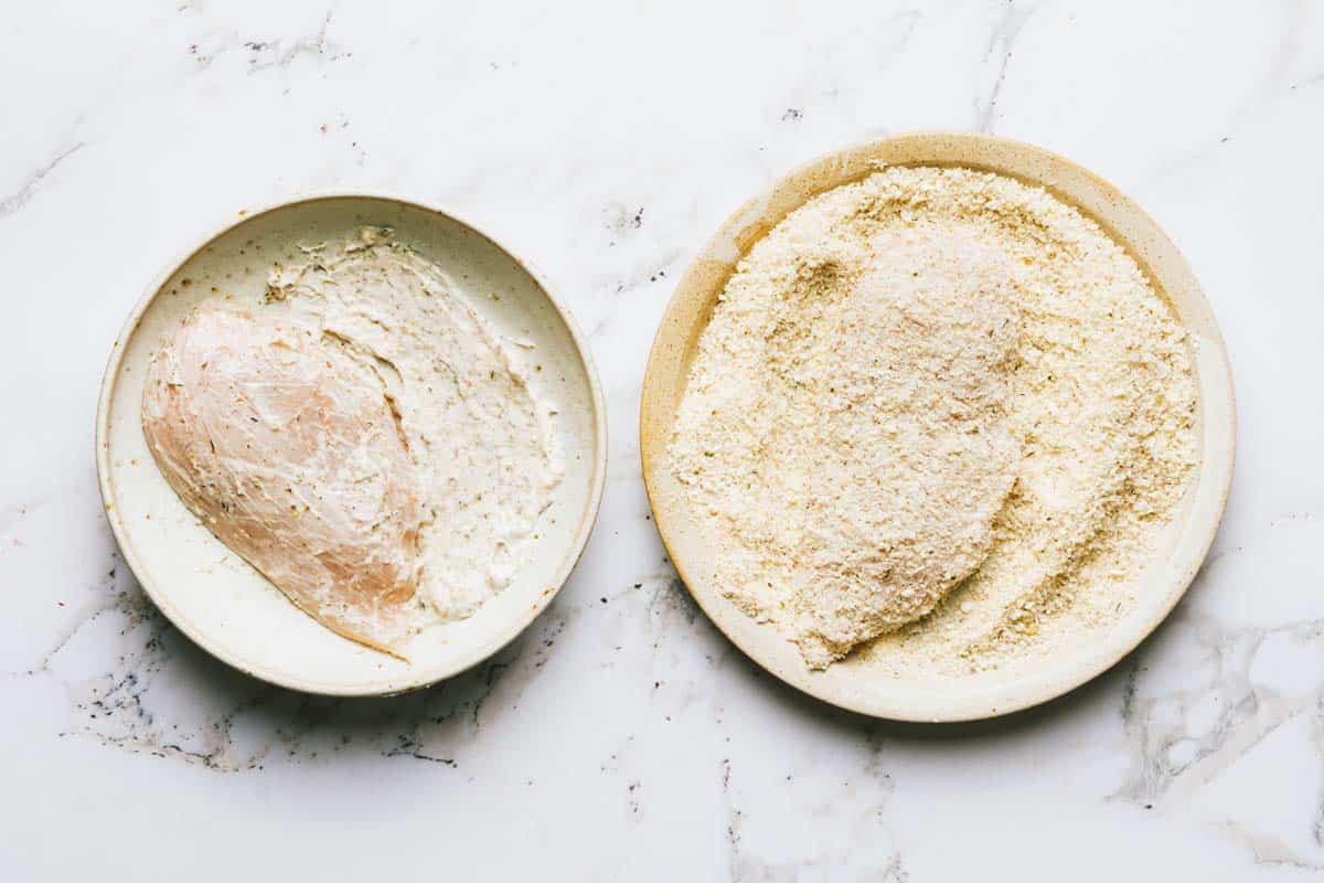 Step by step process of breading chicken breast in a mayo mixture and breadcrumb mixture. 