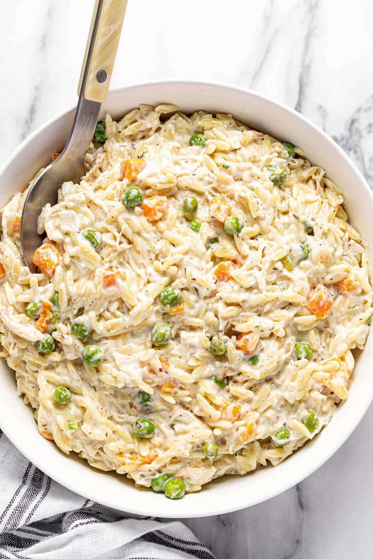 Large bowl of creamy chicken and orzo pasta. 