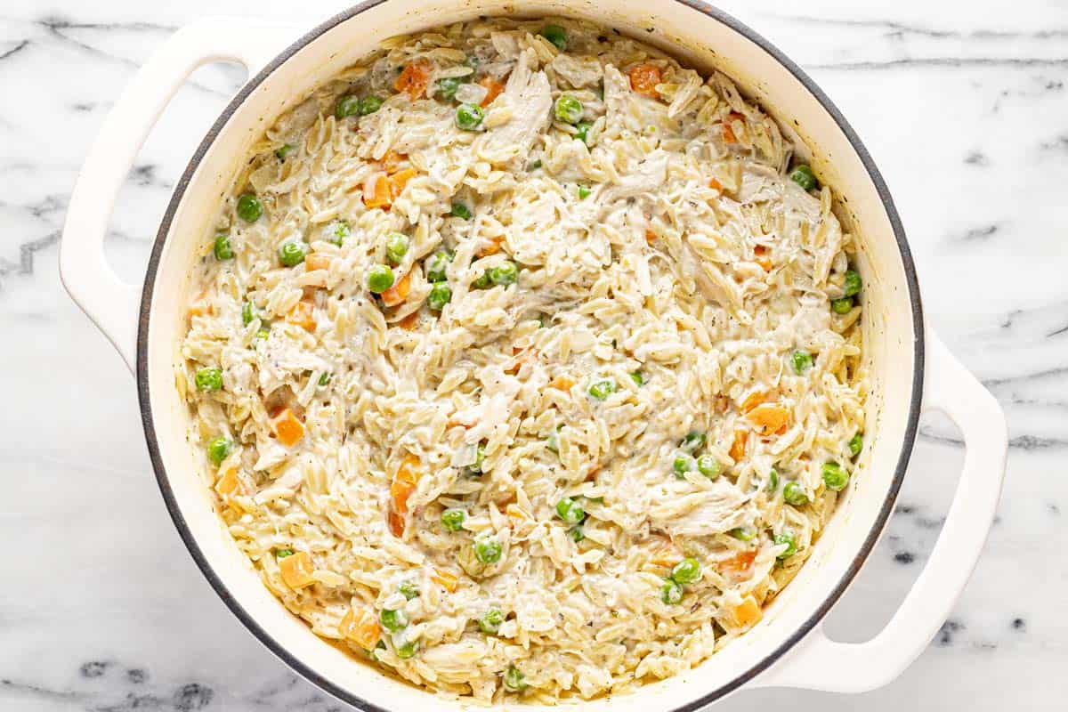 Creamy chicken and orzo in a large pot. 