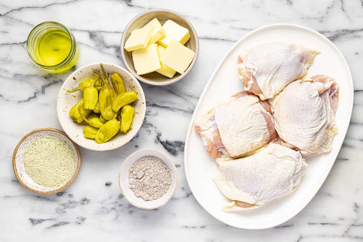 Bowls of ingredients to make Mississippi chicken. 