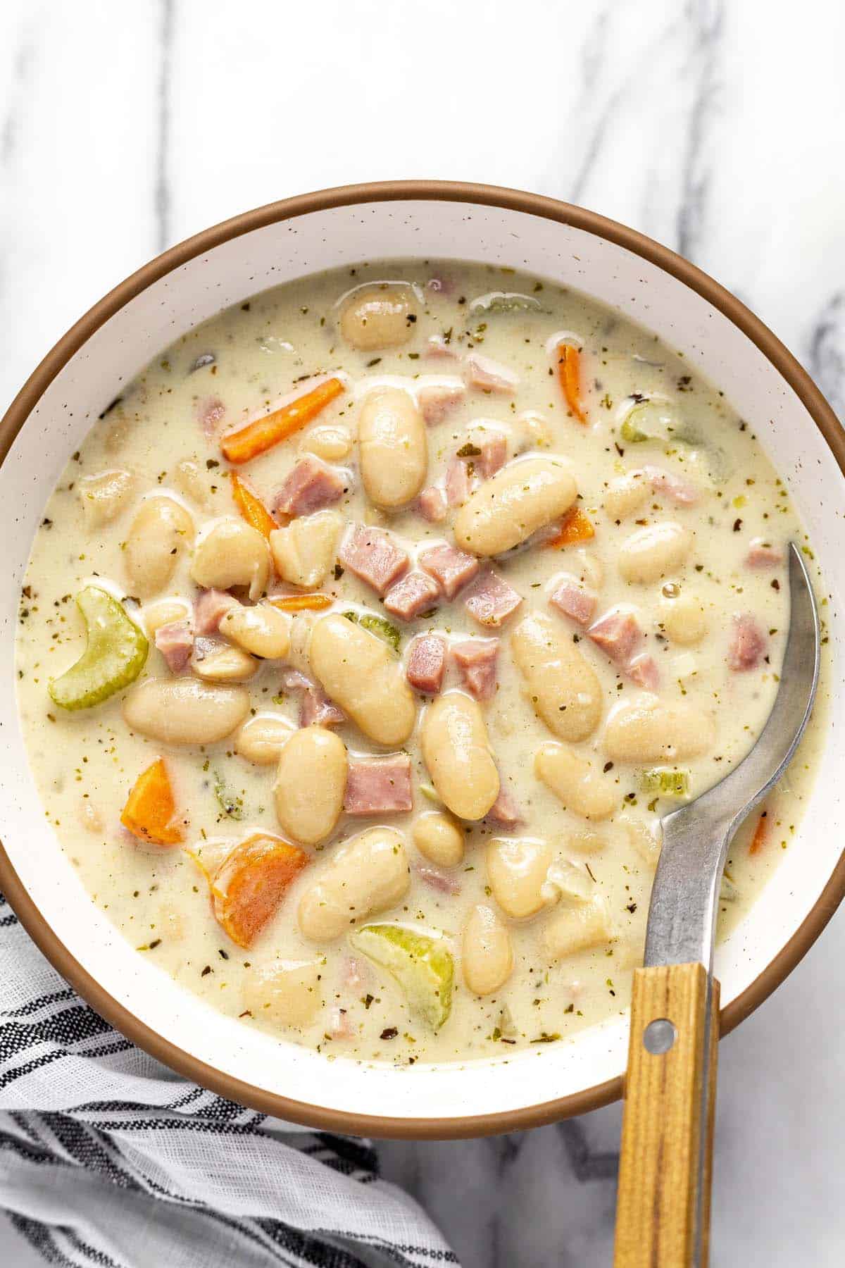 Bowl of white bean and ham soup. 