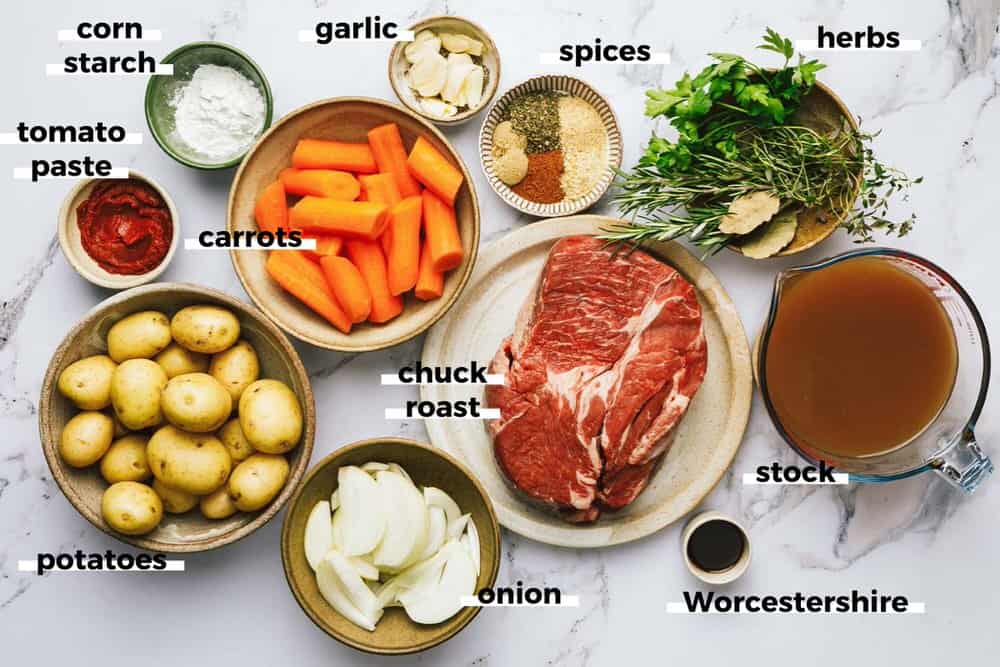 Bowls of ingredients to make Dutch oven pot roast. 