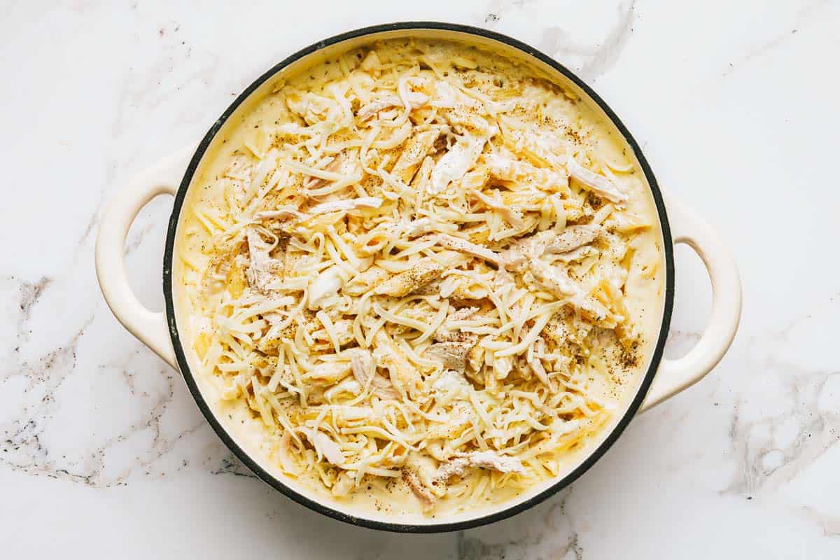 Shredded cheese on top of a chicken alfredo pasta bake ready for the oven. 