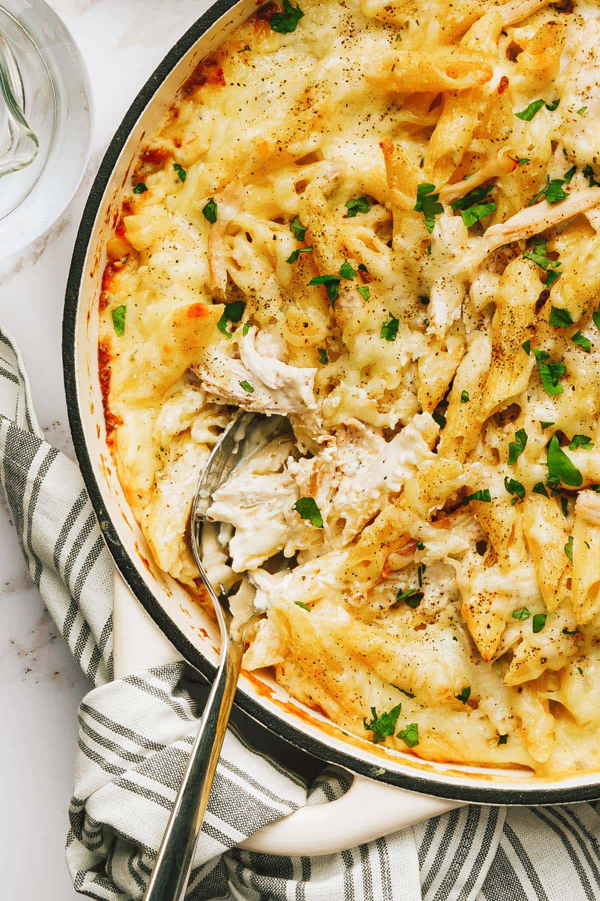 Close up of a large pan filled with creamy chicken alfredo pasta bake.