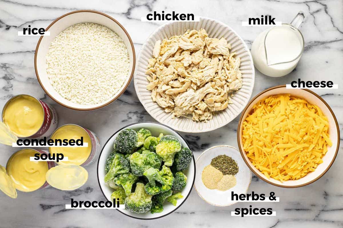 Bowls of ingredients to make chessy chicken broccoli rice casserole. 