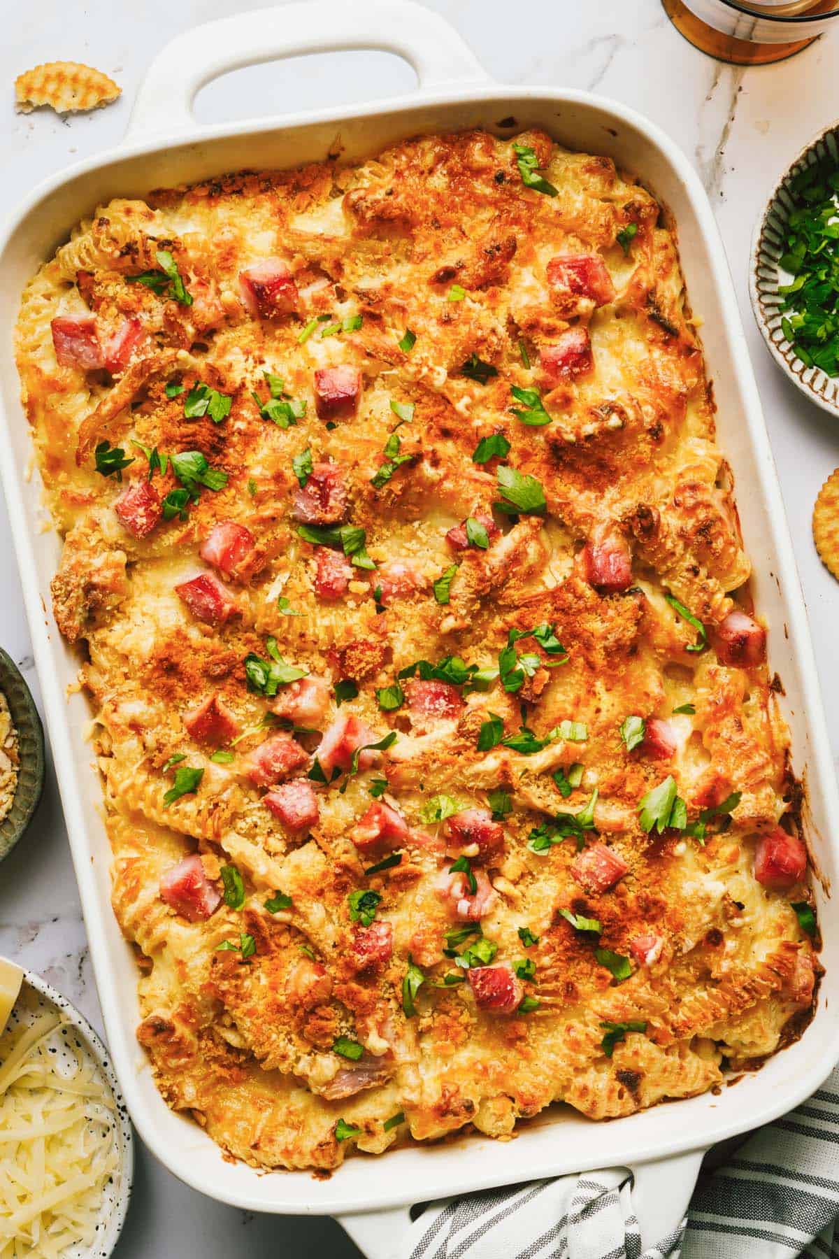 Large pan filled with homemade chicken cordon bleu casserole. 