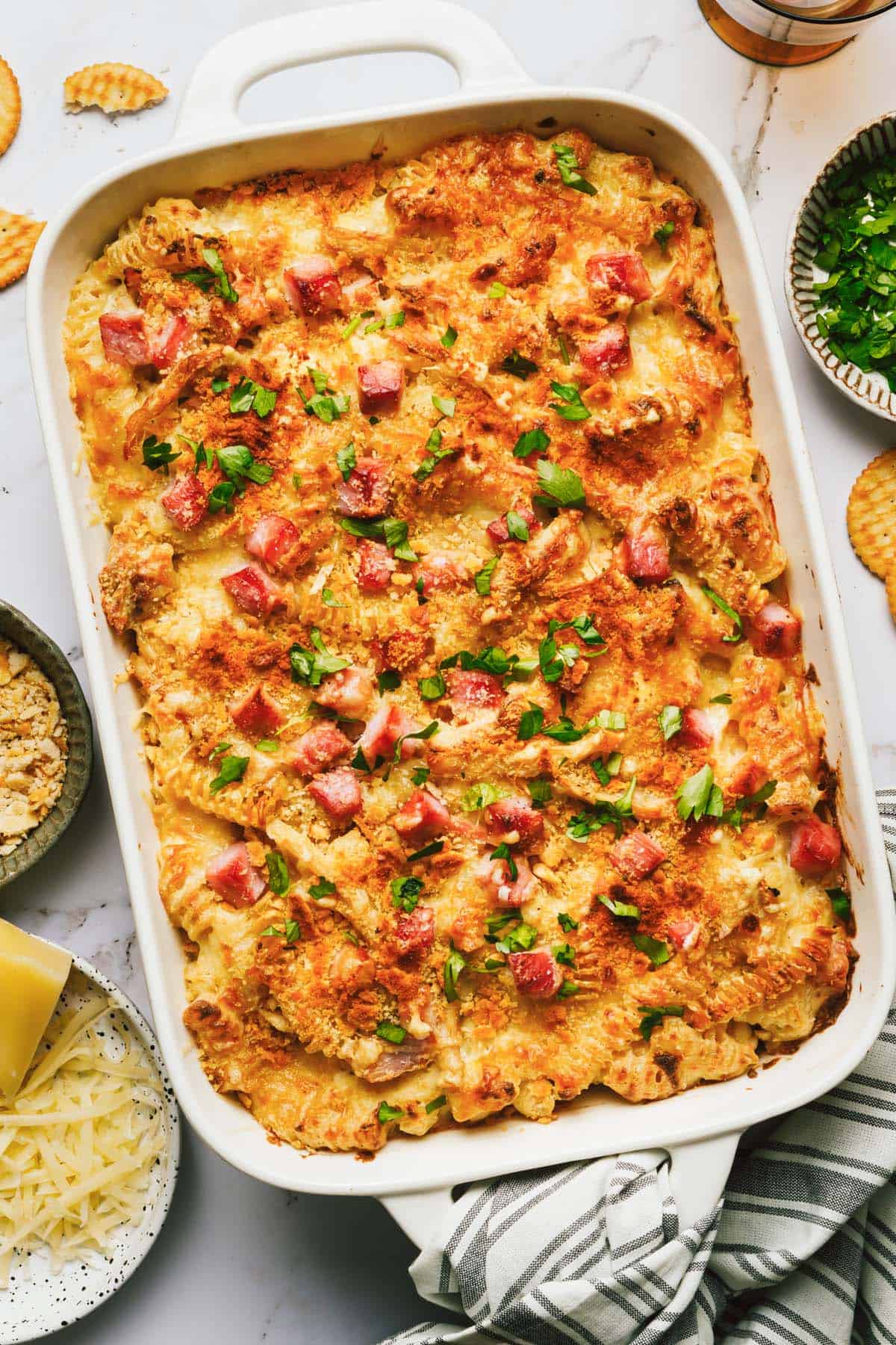 Large pan filled with homemade chicken cordon bleu casserole. 