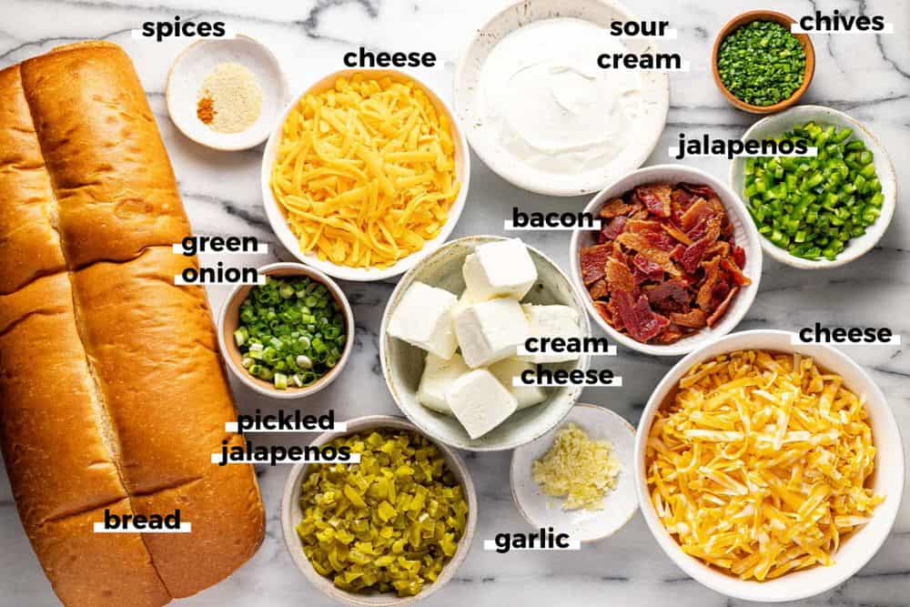 Bowls of ingredients to make jalapeno popper cheese bread. 