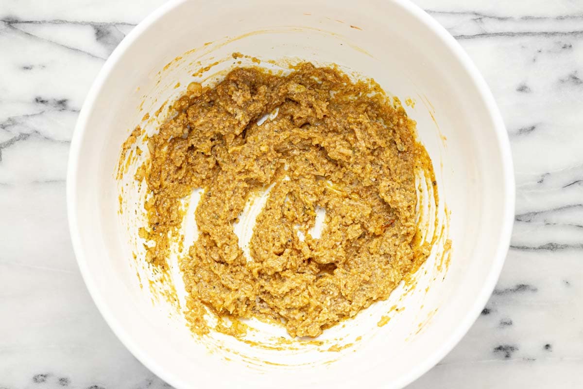 Breadcrumbs and milk combined in a large bowl. 