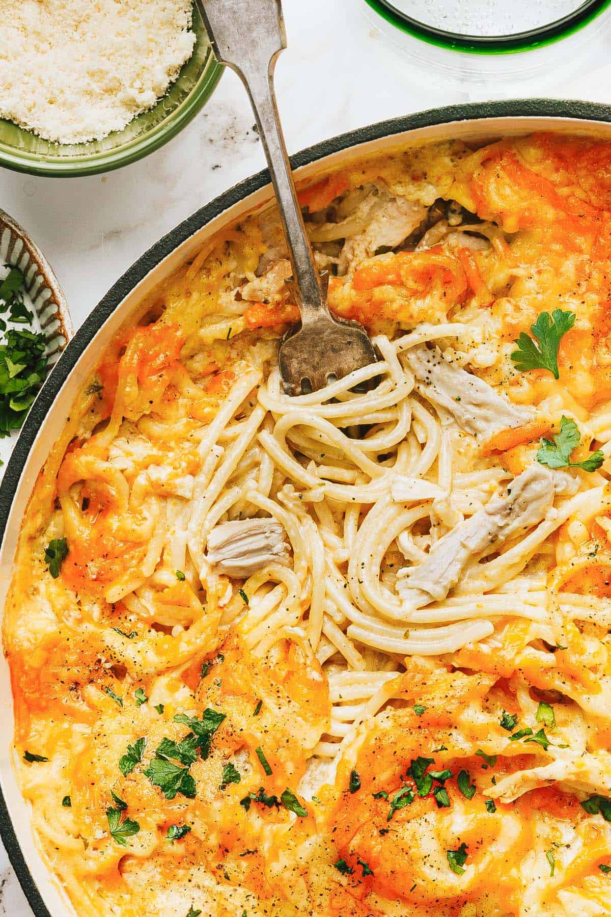 Close up shot of chicken tetrazzini in a large pan. 