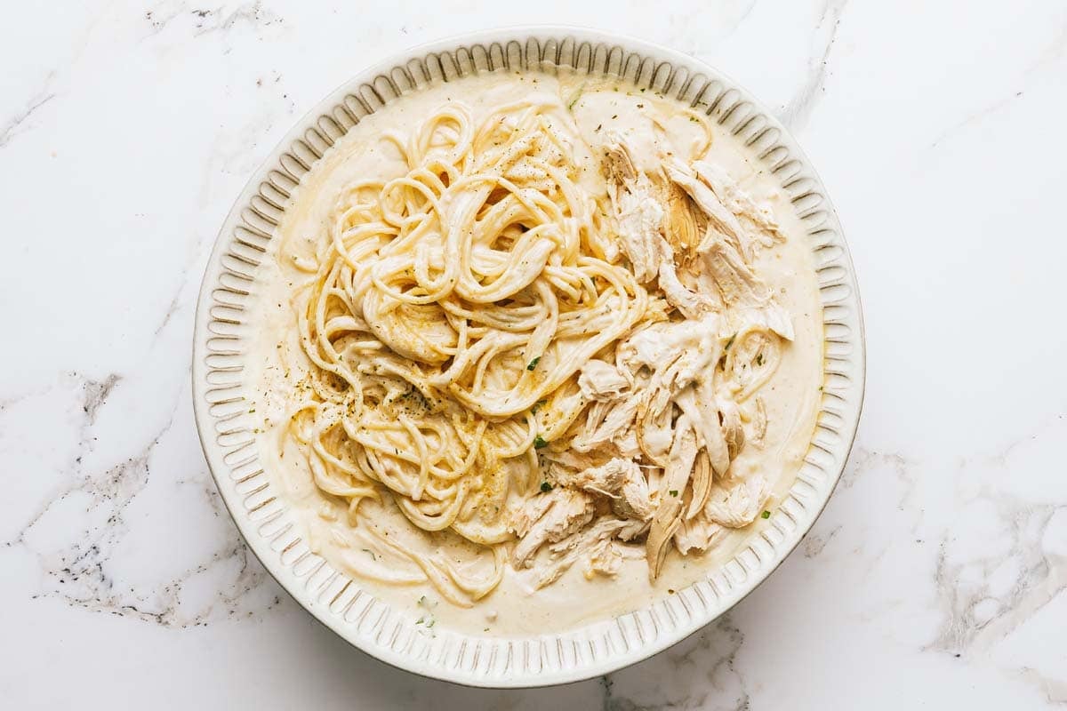 Pasta and chicken tossed in a creamy sauce. 