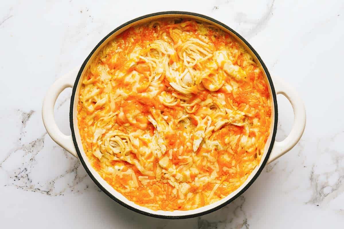 Baked chicken tetrazzini in a large pan. 