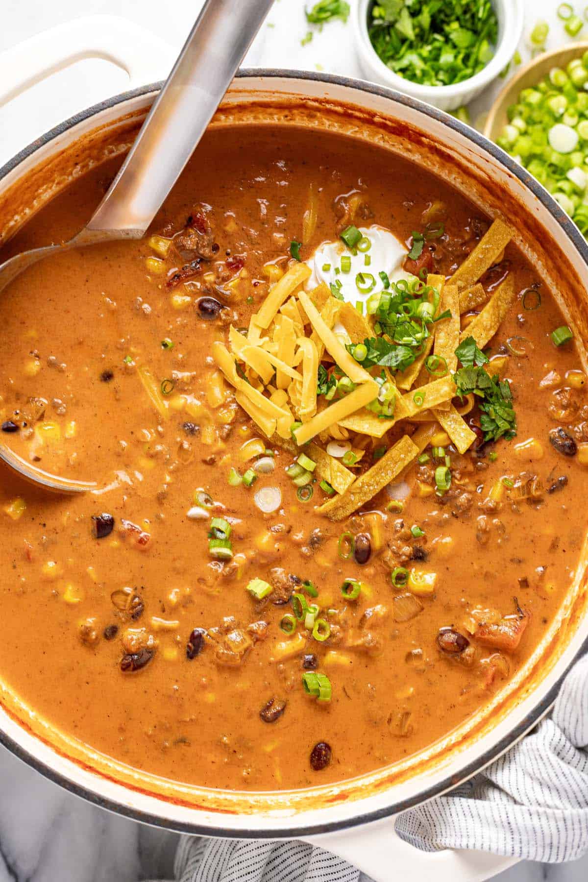 Large pot of taco soup topped with tortilla strips and cheese. 