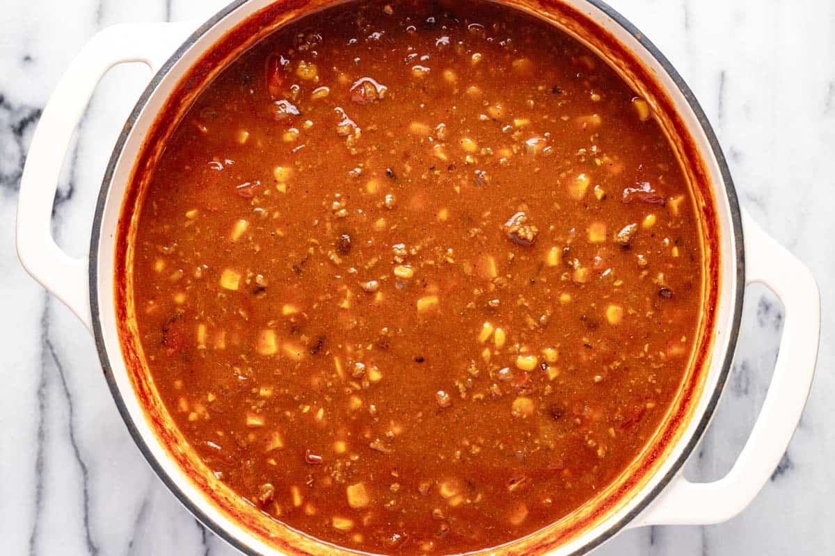 Large pot filled with taco soup. 