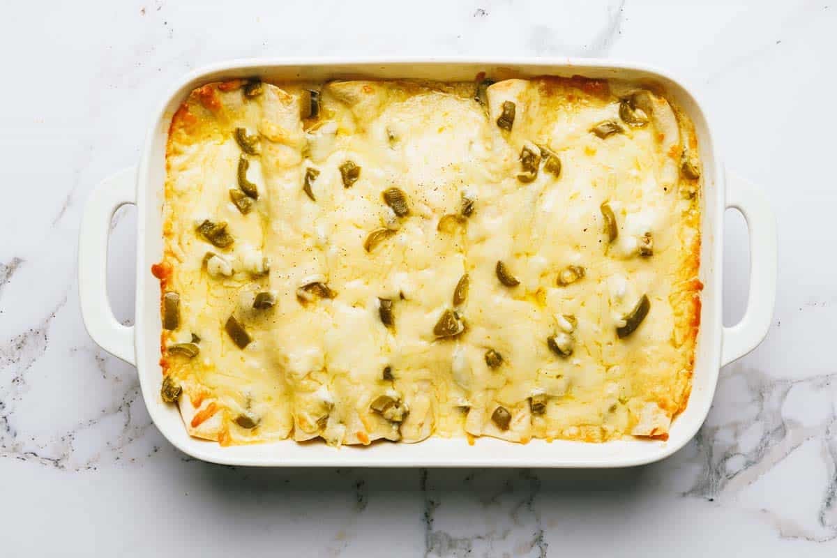 Freshly baked white chicken enchiladas in a large baking dish. 