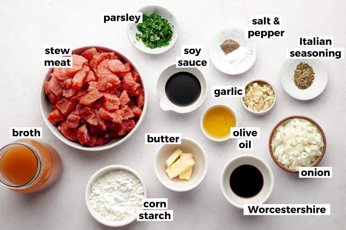 Bowls of ingredients to make beef tips and gravy. 