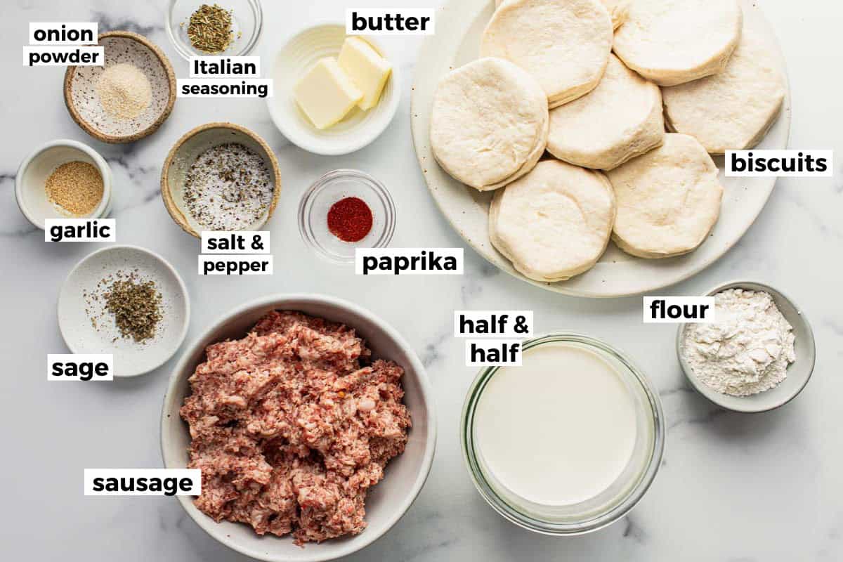 Bowls of ingredients to make biscuits and gravy casserole. 