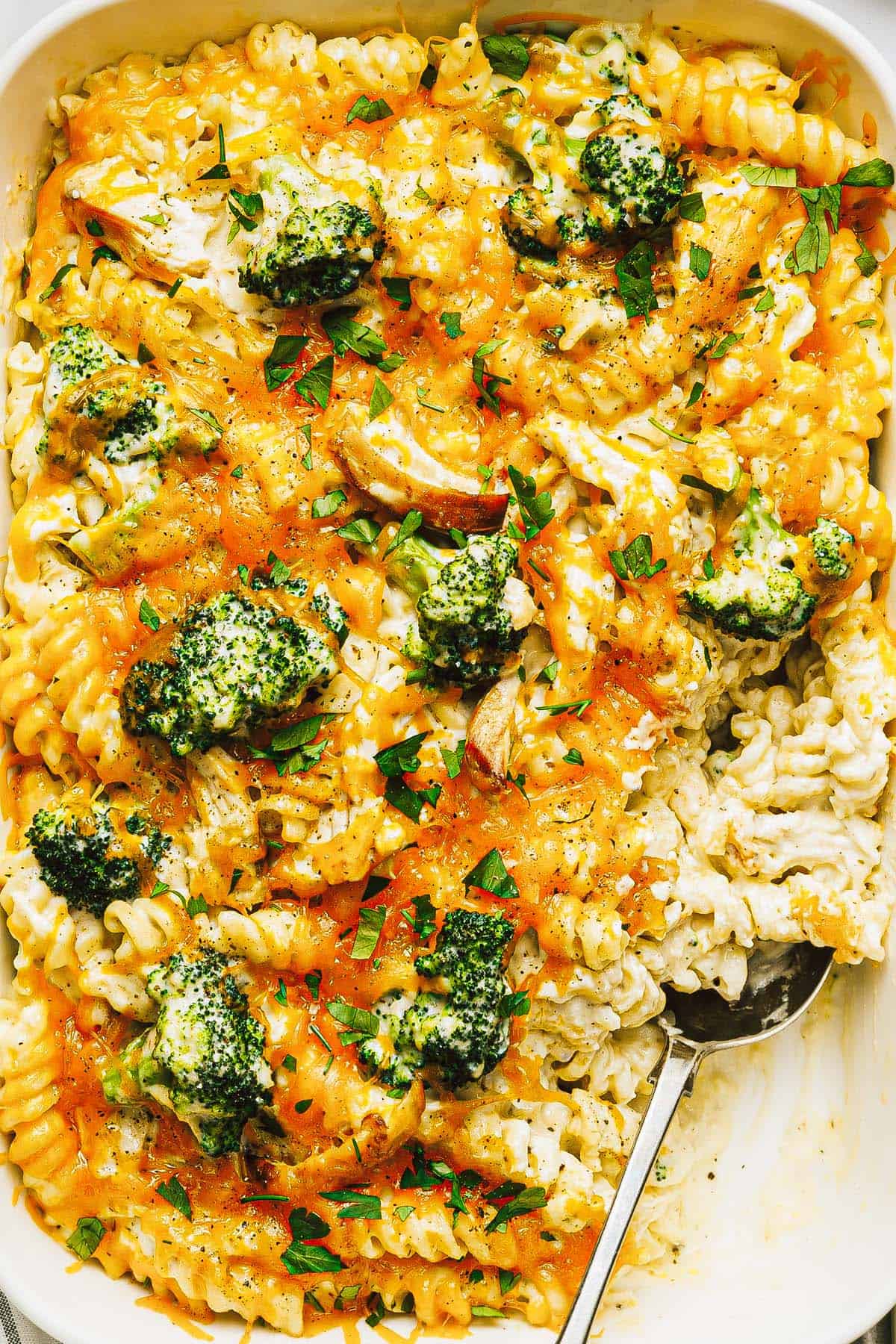 Close up of a pan of creamy broccoli chicken pasta in a pan. 