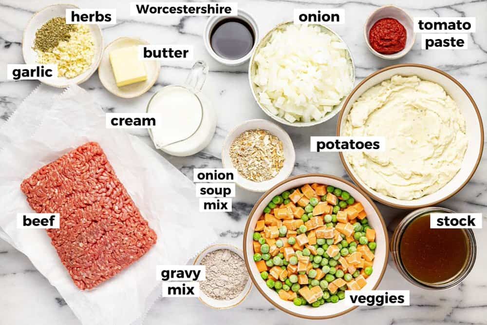 Bowls of ingredients to make cottage pie. 