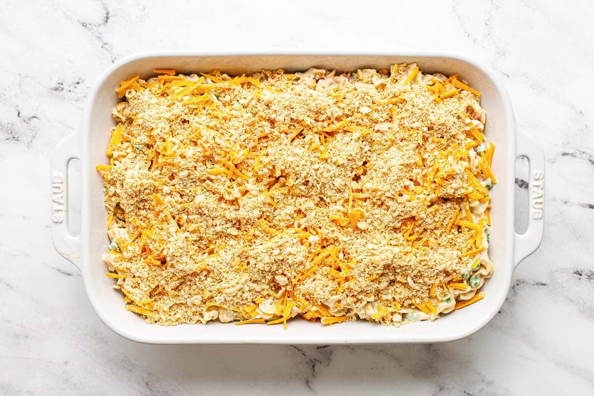 Chicken noodle casserole topped with cheese and crushed Ritz crackers. 