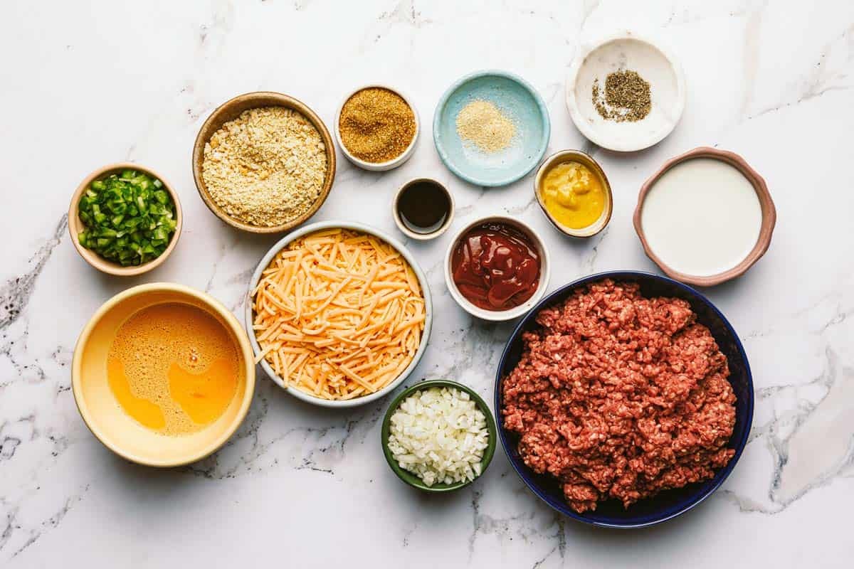 Bowls of ingredients to make meatloaf. 