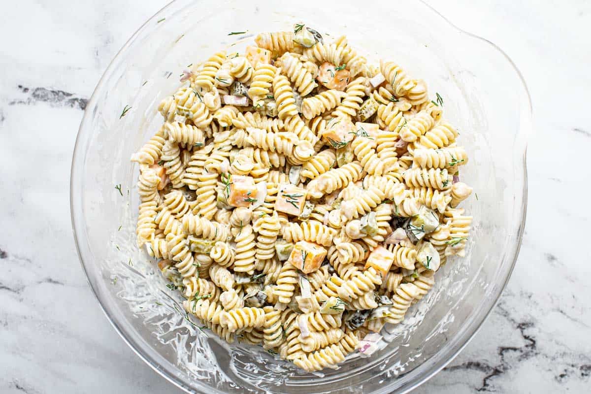 Pasta salad in a large bowl. 