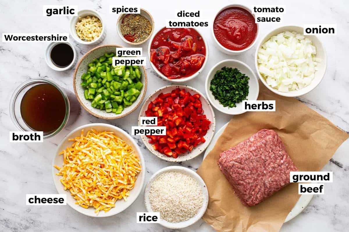Bowls of ingredients to make stuffed pepper casserole. 