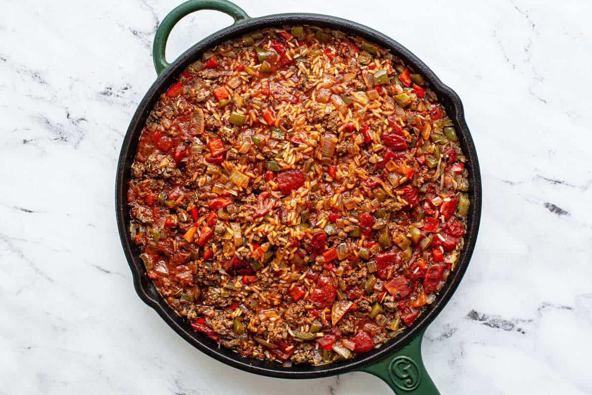Stuffed pepper casserole in a large pan. 
